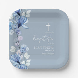 Plato De Papel Elegante Baptismo Floral Azul Polvoriento Azul Tra