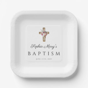 Plato De Papel Elegante Baptismo Floral Boho Cross