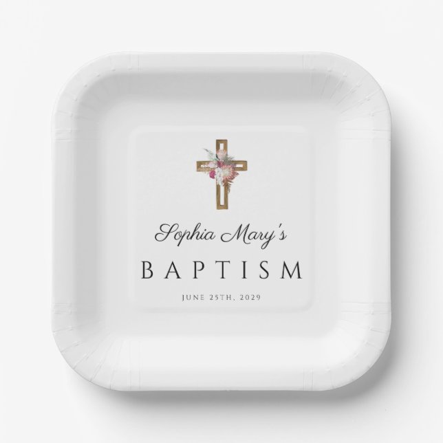 Plato De Papel Elegante Baptismo Floral Boho Cross (Anverso)
