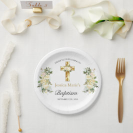 Plato De Papel Elegante Baptismo Floral Gold Cross