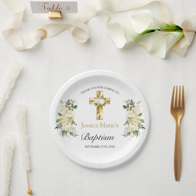 Plato De Papel Elegante Baptismo Floral Gold Cross (Boda)