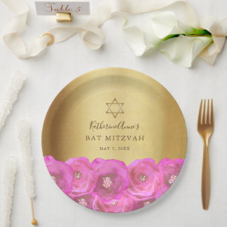 Plato De Papel Elegante Bat Mitzvah Flor de Rosa de Oro
