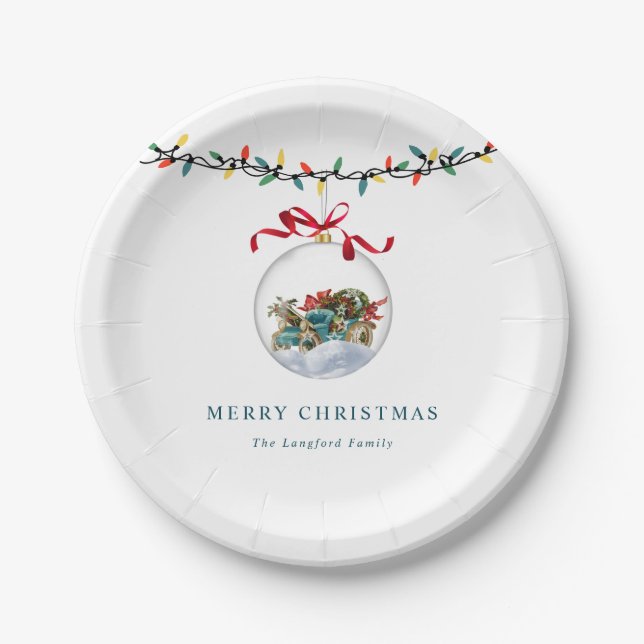 Plato De Papel Elegante Bauble Rojo Bow Feliz Navidad (Anverso)