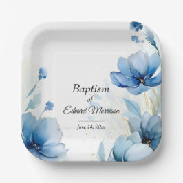 Plato De Papel Elegante Bautismo Azul Dusto Floral
