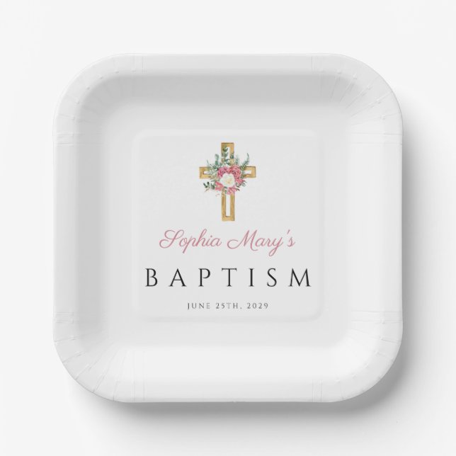 Plato De Papel Elegante bautismo Chica floral rosa religioso (Anverso)
