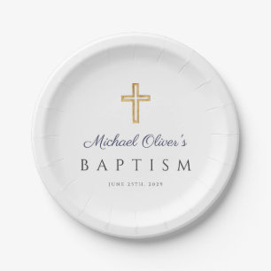 Plato De Papel Elegante bautismo de niño azul de la cruz religios