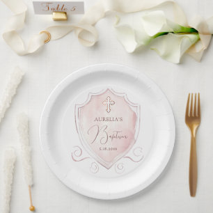 Plato De Papel Elegante bautismo Escudo de acuarela rosa
