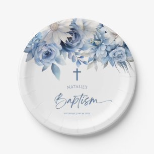 Plato De Papel Elegante Bautismo Floral Azul Dusty