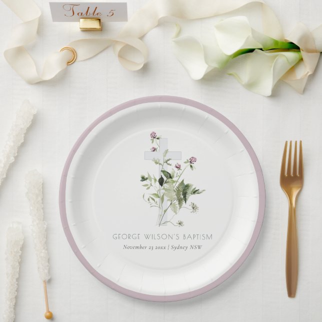 Plato De Papel Elegante bautismo floral cruzado morado (Boda)