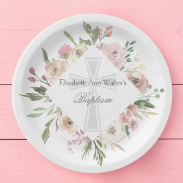 Plato De Papel Elegante bautismo floral rosado Fiesta Personaliza