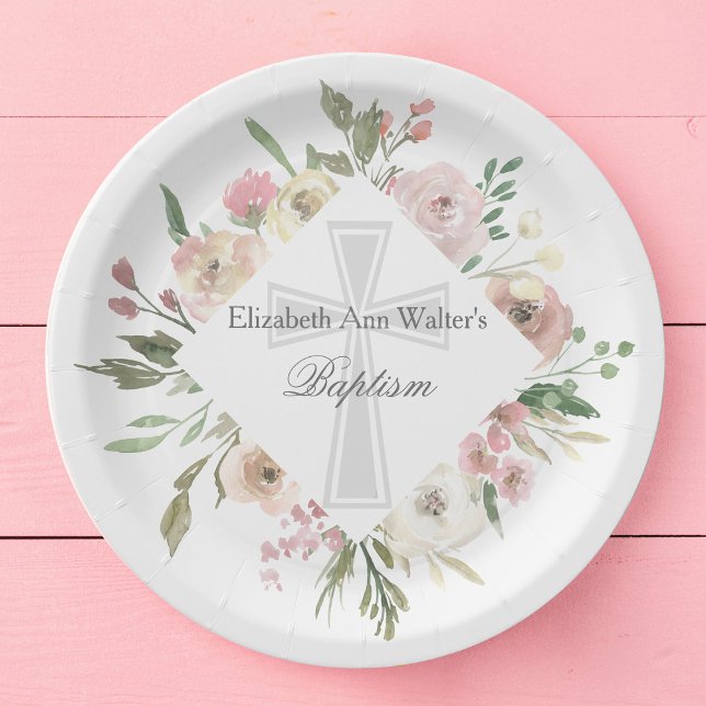 Plato De Papel Elegante bautismo floral rosado Fiesta Personaliza (Subido por el creador)
