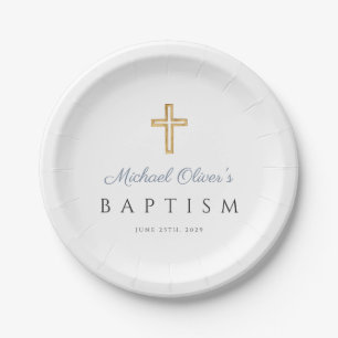 Plato De Papel Elegante bautismo religioso cruzado azul
