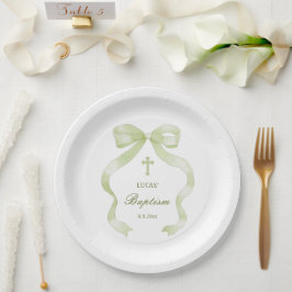 Plato De Papel Elegante Bautizo de Lazo Verde