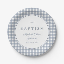 Plato De Papel Elegante bautizo de niño en azul polvoriento a cua