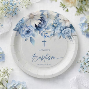 Plato De Papel Elegante Bautizo Floral Azul Polvoriento