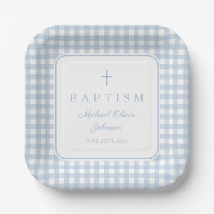Plato De Papel Elegante Bautizo Niño Cuadro Azul Bebé