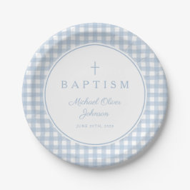 Plato De Papel Elegante Bautizo Niño Gingham Azul Bebé