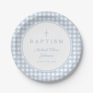 Plato De Papel Elegante Bautizo Niño Gingham Azul Bebé