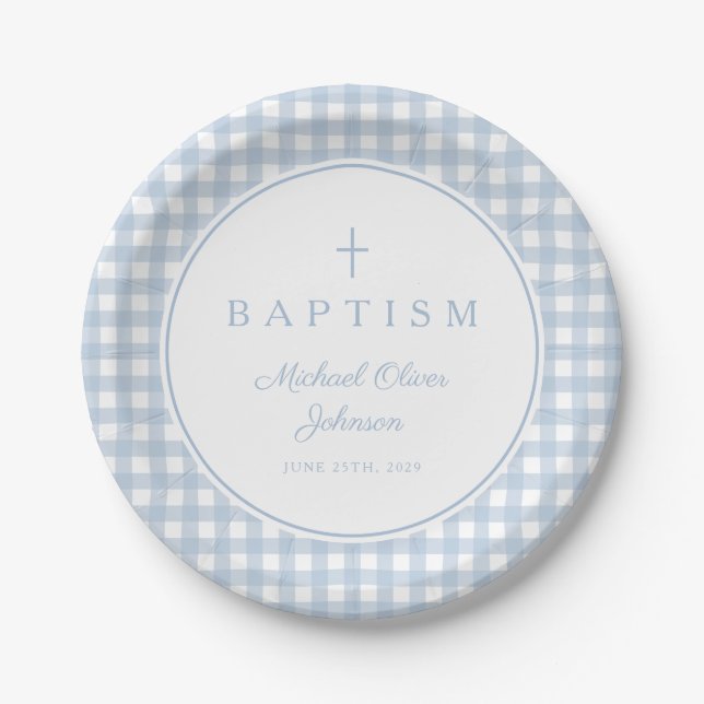 Plato De Papel Elegante Bautizo Niño Gingham Azul Bebé (Anverso)