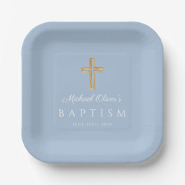 Plato De Papel Elegante Bebé Azul Religioso Cross Boy Baptismo