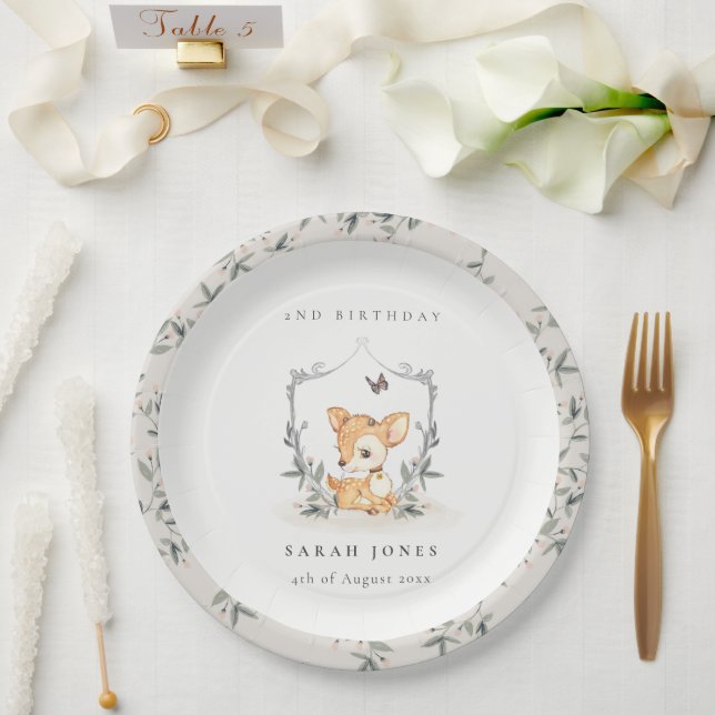 Plato De Papel Elegante bebé venado Escudo floral cualquier cumpl (Boda)