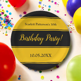 Plato De Papel Elegante Black And Gold Stripes Cumpleaños Moderno