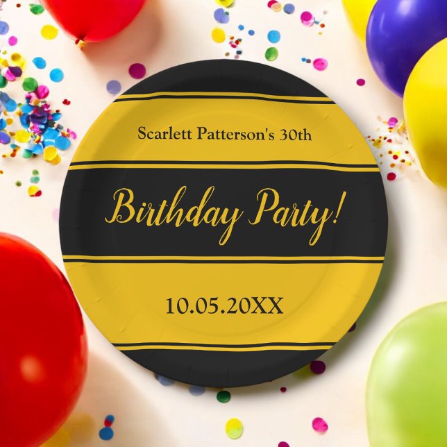 Plato De Papel Elegante Black And Gold Stripes Cumpleaños Moderno (Subido por el creador)