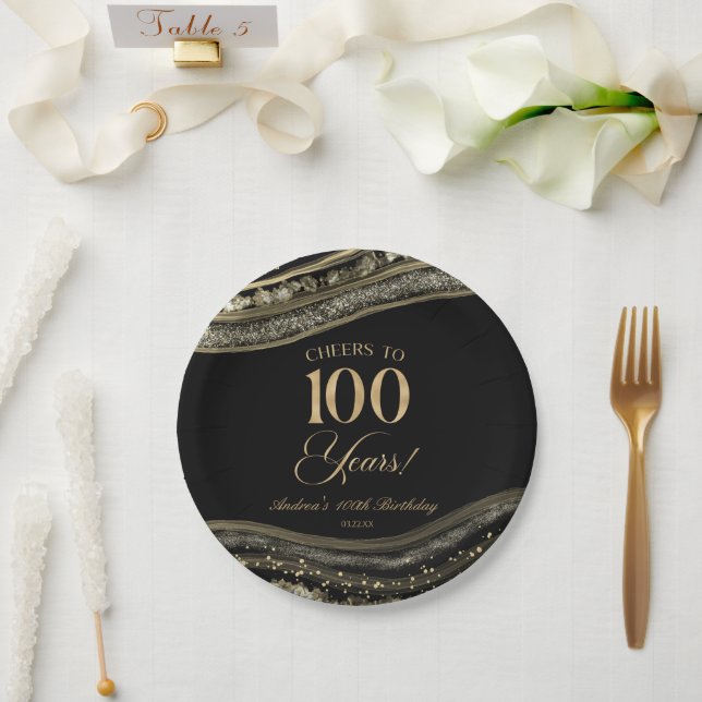 Plato De Papel Elegante Black Gold Agate 100 cumpleaños (Boda)