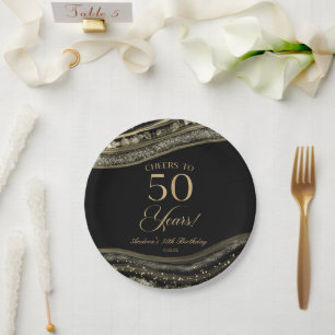 Plato De Papel Elegante Black Gold Agate 50 cumpleaños