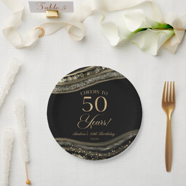 Plato De Papel Elegante Black Gold Agate 50 cumpleaños (Boda)