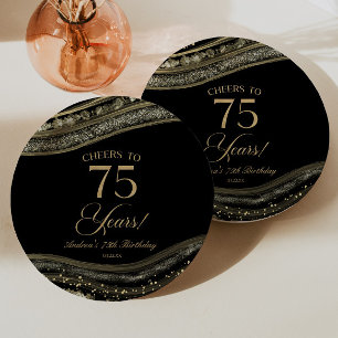 Plato De Papel Elegante Black Gold Agate 75th Birthday Party