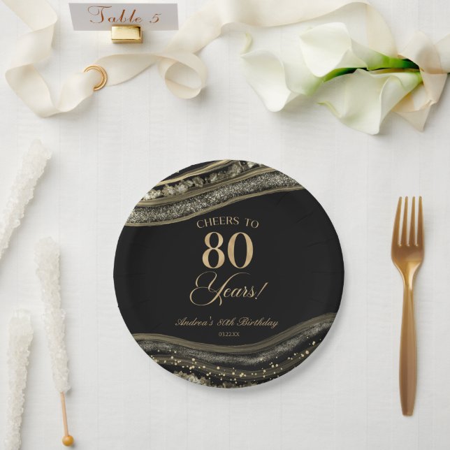 Plato De Papel Elegante Black Gold Agate 80th Birthday Party (Boda)
