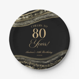 Plato De Papel Elegante Black Gold Agate 80th Birthday Party