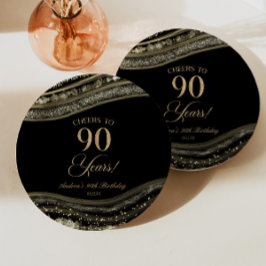 Plato De Papel Elegante Black Gold Agate 90th Birthday Party