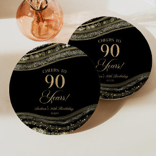 Plato De Papel Elegante Black Gold Agate 90th Birthday Party