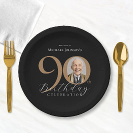 Plato De Papel Elegante Black Gold Photo 90th Birthday Party