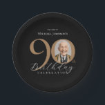 Plato De Papel Elegante Black Gold Photo 90th Birthday Party<br><div class="desc">Elegante Black Gold Photo 90th Birthday Party Paper Plates . Celebra un cumpleaños histórico con nuestro elegante diseño negro y dorado, perfecto para añadir un toque de sofisticación a tu día especial. Este diseño de personalizable presenta un elegante fondo negro adornado con elegantes acentos dorados que le confieren un aspecto...</div>