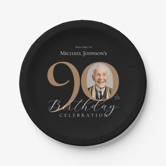 Plato De Papel Elegante Black Gold Photo 90th Birthday Party (Anverso)