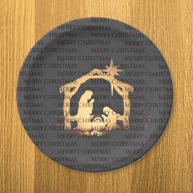 Plato De Papel Elegante Black Silver Natividad Feliz Navidad (Elegant Black Gold Nativity Merry Christmas Paper Plates)