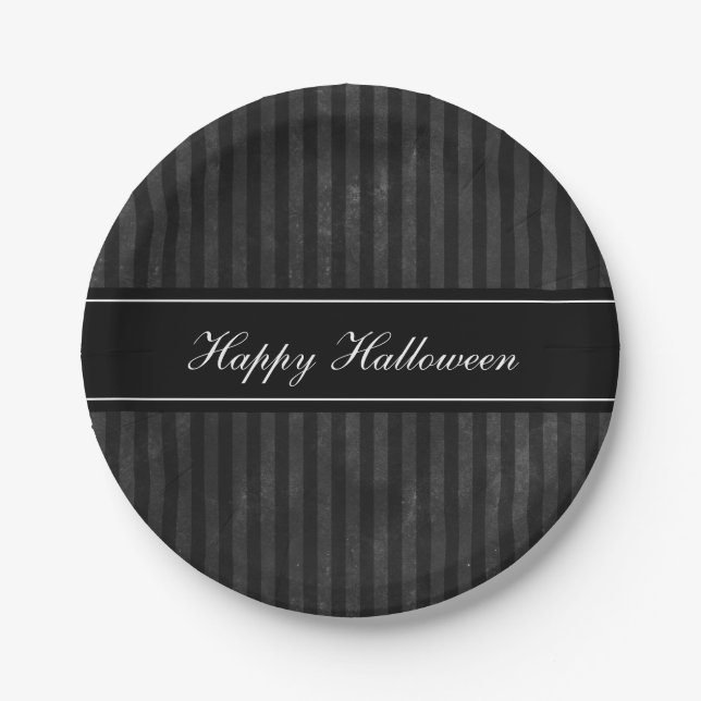 Plato De Papel Elegante Black Stripes Happy Halloween (Anverso)