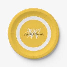 Plato De Papel Elegante Blanco Monograma Chic Boda Amarillo Solea