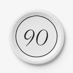 Plato De Papel Elegante blanco negro 90 cumpleaños