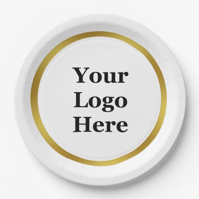 Plato De Papel Elegante blanco y dorar tu logo (Anverso)
