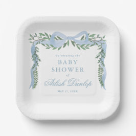 Plato De Papel Elegante Blue Bow con GreenBoy Baby Shower