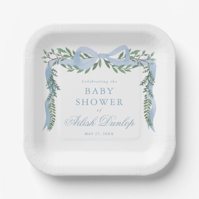 Plato De Papel Elegante Blue Bow con GreenBoy Baby Shower (Anverso)