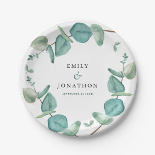 Plato De Papel Elegante Blue Eucalyptus Nombres Boda de fecha