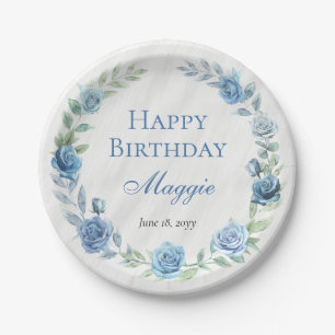 Plato De Papel Elegante Blue Floral Feliz cumpleaños