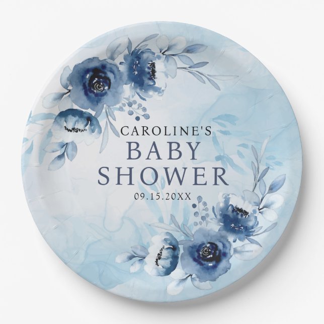 Plato De Papel Elegante Blue Flowers Boy Baby Shower (Anverso)