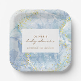 Plato De Papel Elegante Blue Gold Agate Boy Baby Shower