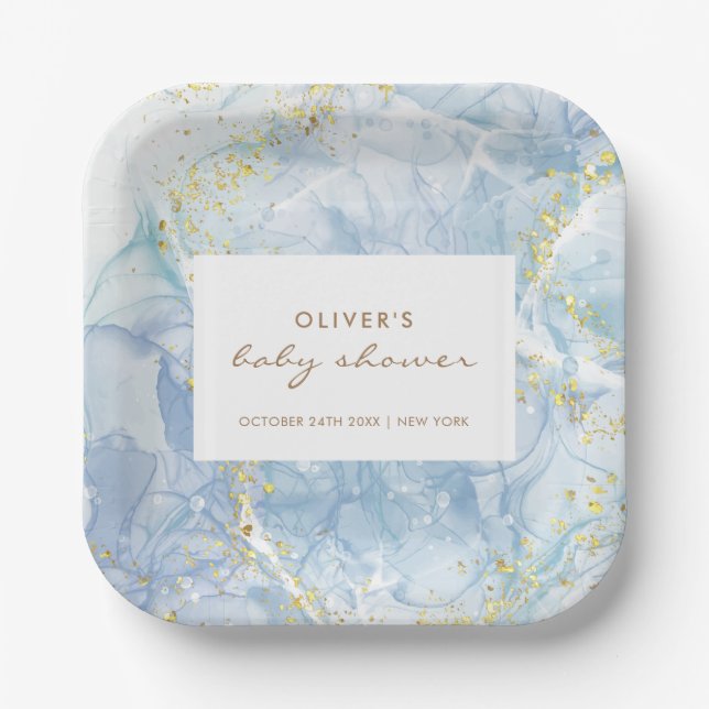 Plato De Papel Elegante Blue Gold Agate Boy Baby Shower (Anverso)